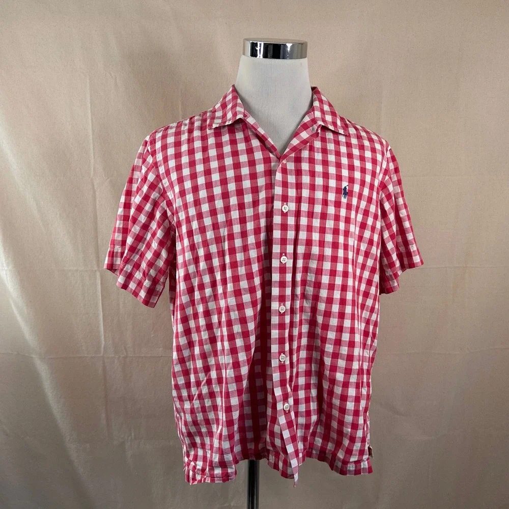 Polo Ralph Lauren XL Vintage Loop Collar Shirt Red Gingham Plaid Cotton Mens